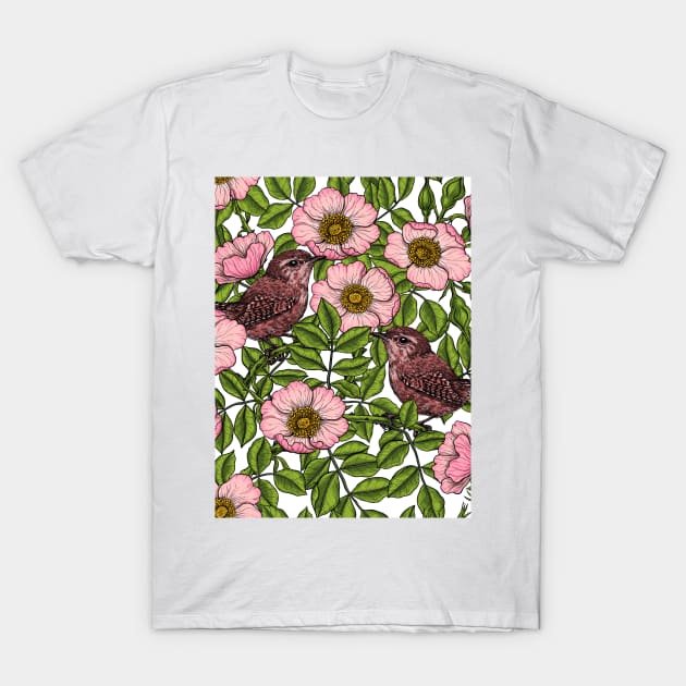 Wrens in the roses on white T-Shirt by katerinamk
